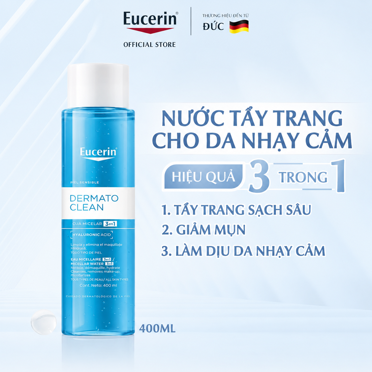 Nước Tẩy Trang Dịu Nhẹ Cho Da Nhạy Cảm Eucerin DermatoClean Micellar Water 3 In 1 400ml Nước Tẩy Trang Dịu Nhẹ Cho Da Nhạy Cảm Eucerin DermatoClean Micellar Water 3 In 1 400ml