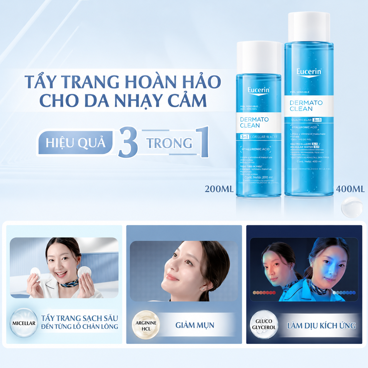 Nước Tẩy Trang Dịu Nhẹ Cho Da Nhạy Cảm Eucerin DermatoClean Micellar Water 3 In 1 400ml Nước Tẩy Trang Dịu Nhẹ Cho Da Nhạy Cảm Eucerin DermatoClean Micellar Water 3 In 1 400ml