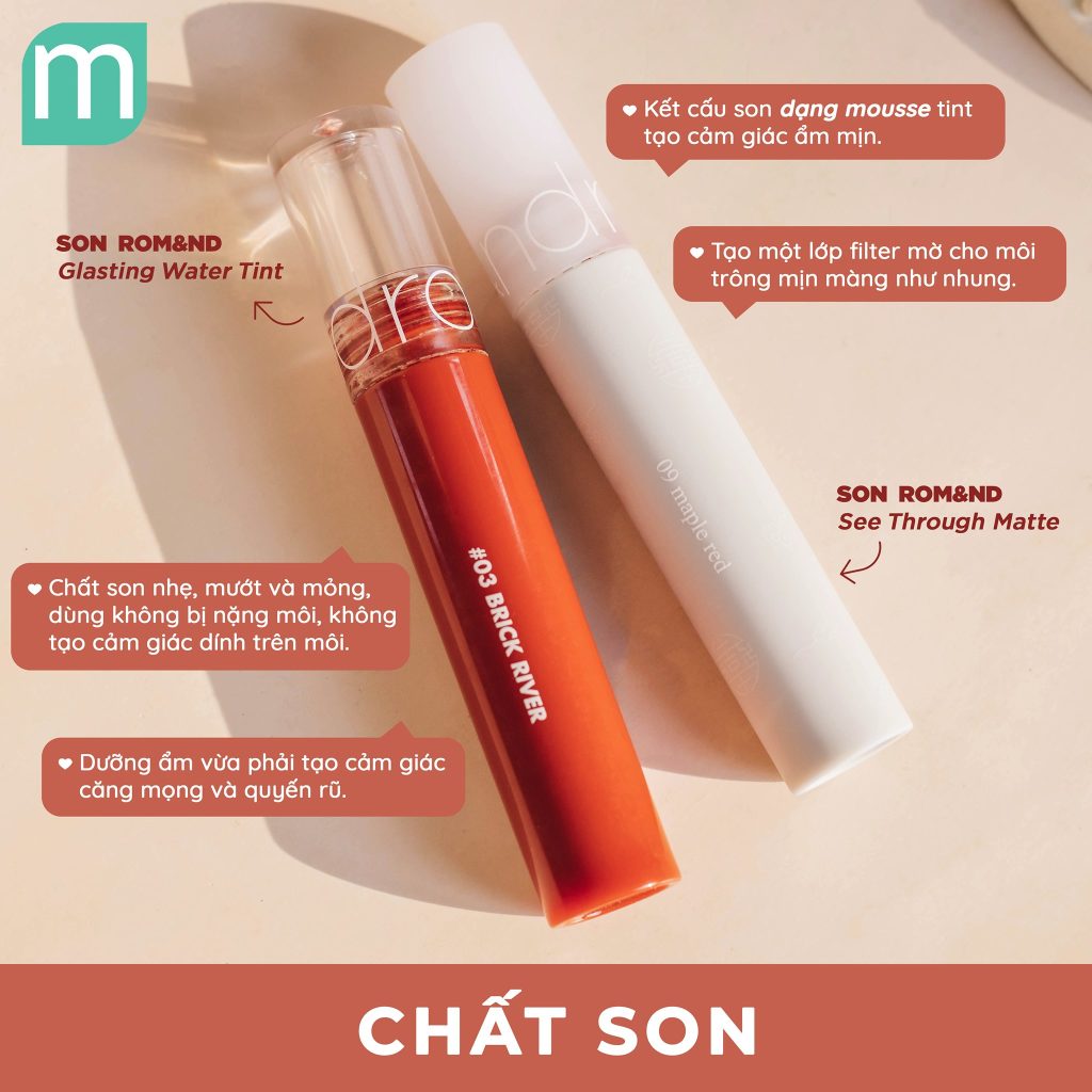 So sánh Romand See Through Matte VS Romand Glasting Water Tint