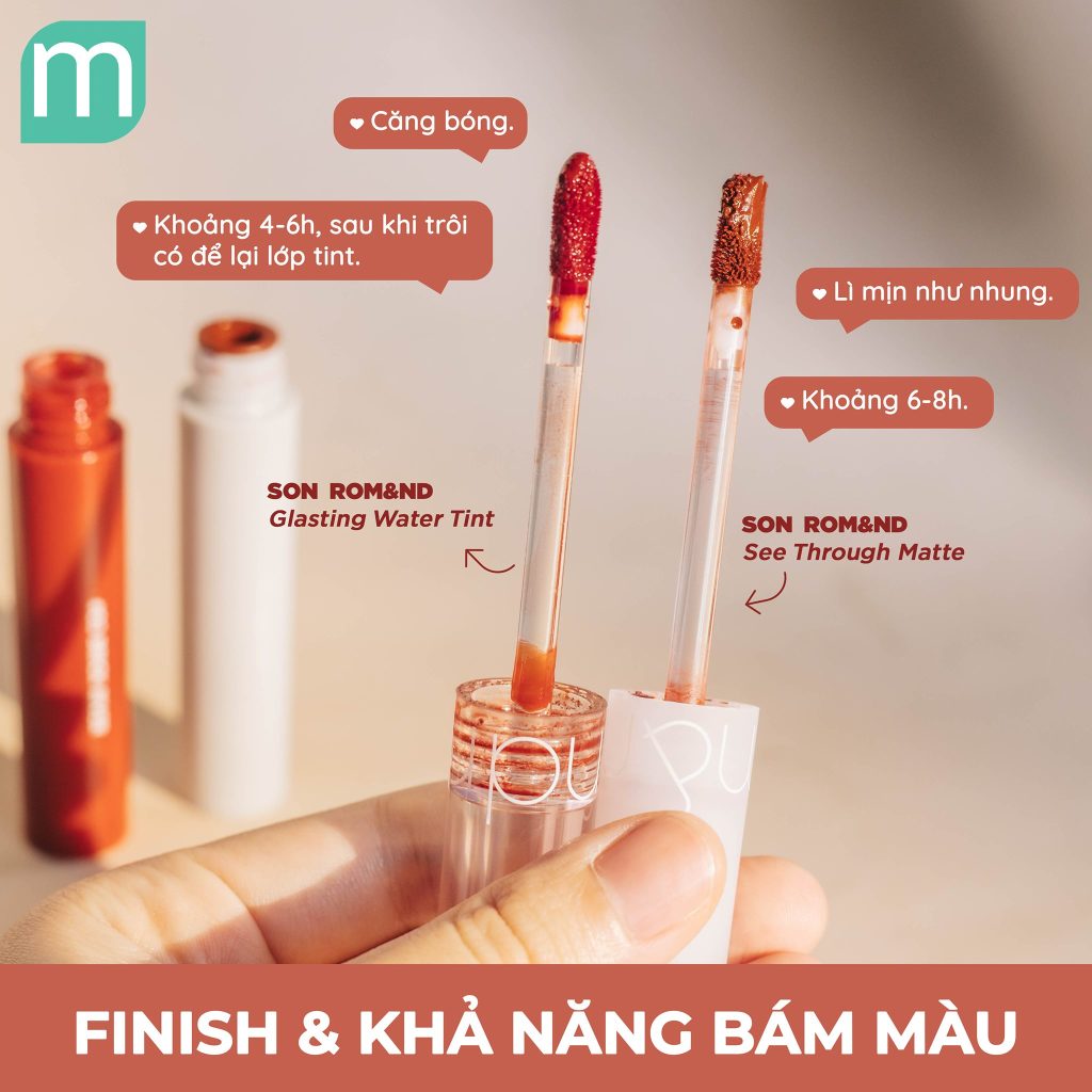 So sánh Romand See Through Matte VS Romand Glasting Water Tint