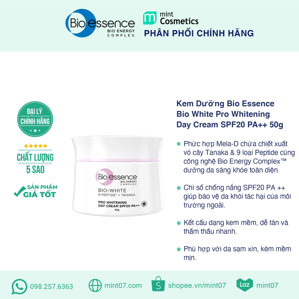 Kem Dưỡng Bio Essence White Pro Whitening Day Cream SPF20 PA++ 50G