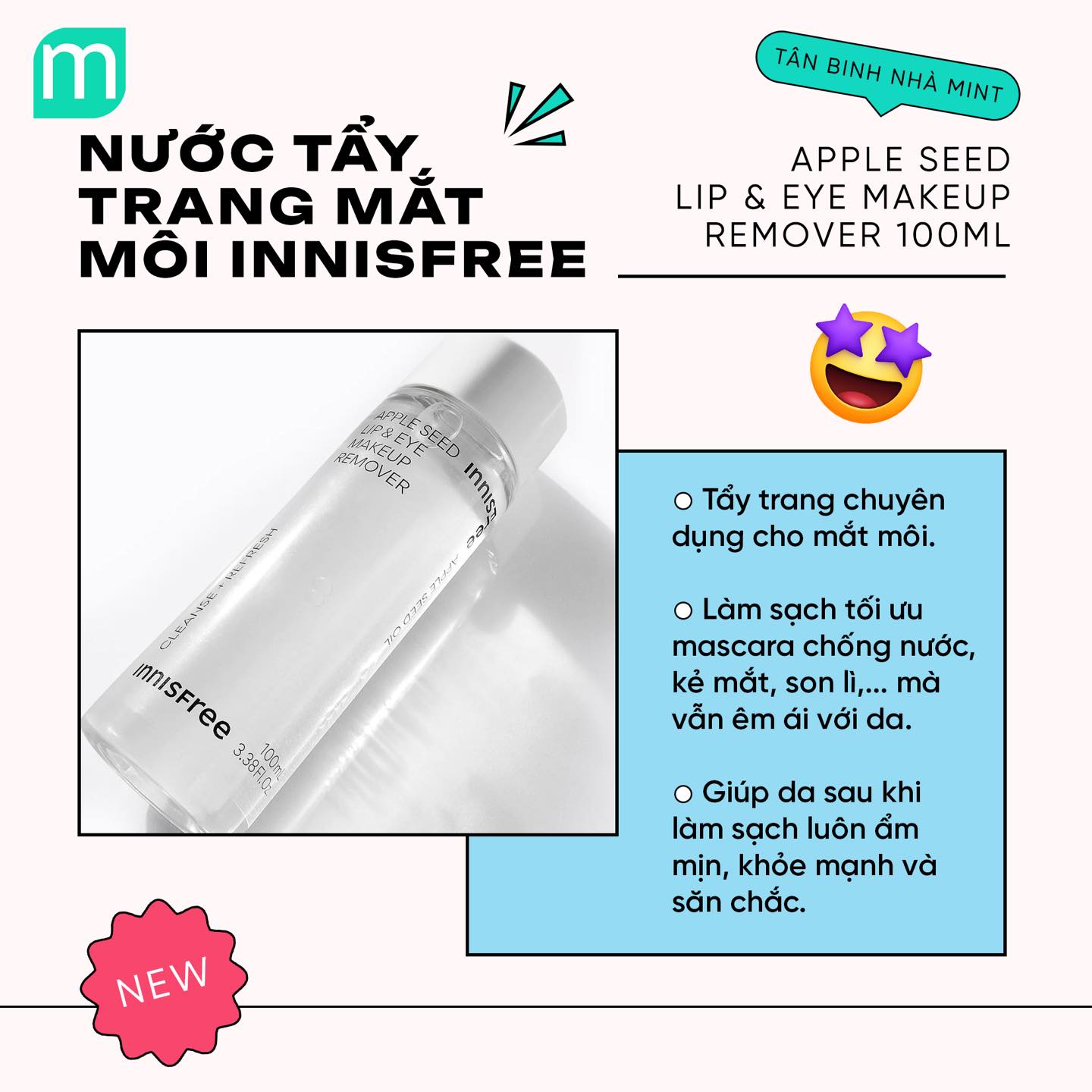 Nước Tẩy Trang Mắt Môi Innisfree Apple Seed Lip & Eye Makeup Remover 100ml
