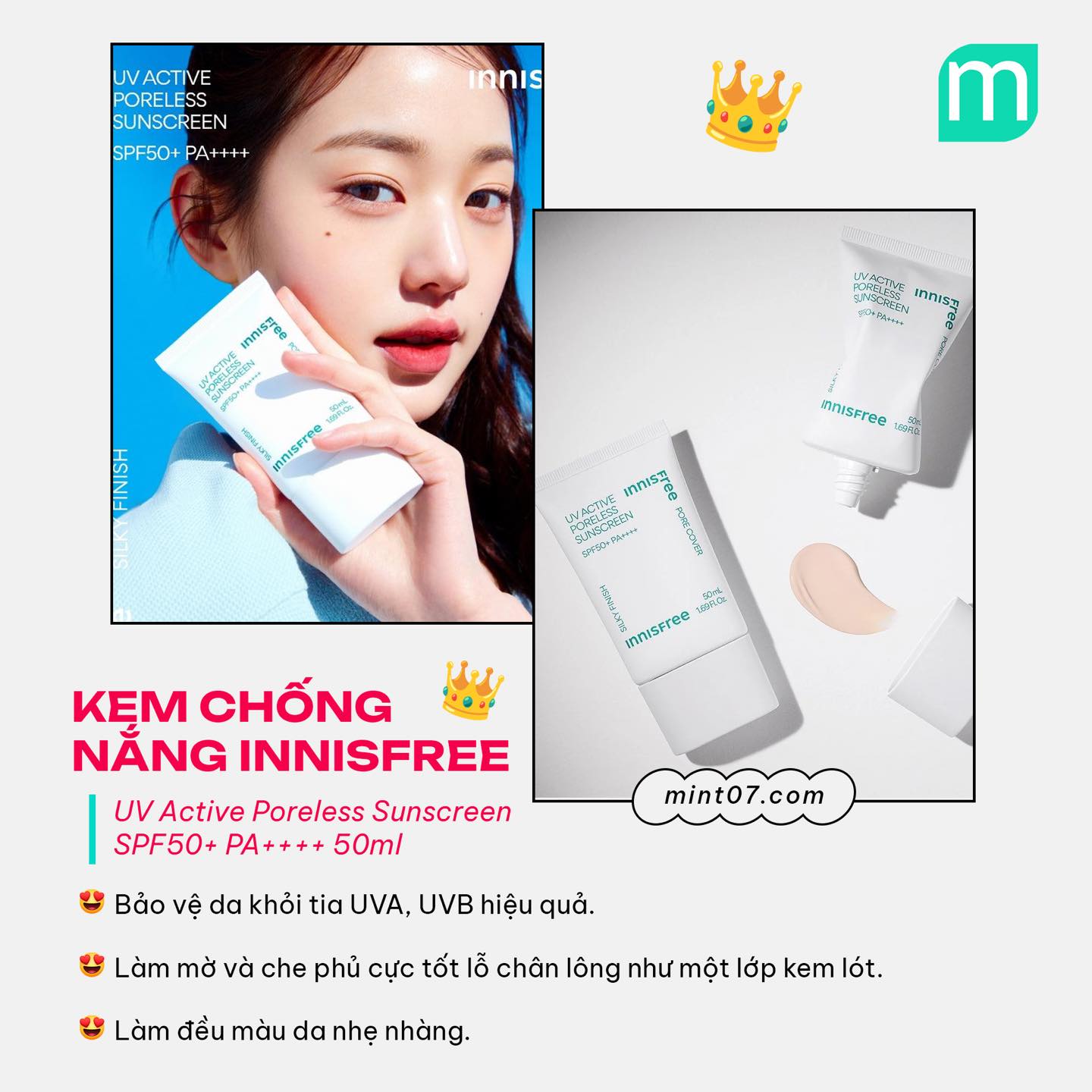 Kem Chống Nắng Innisfree UV Active Poreless Sunscreen SPF50+ PA++++ 50ml