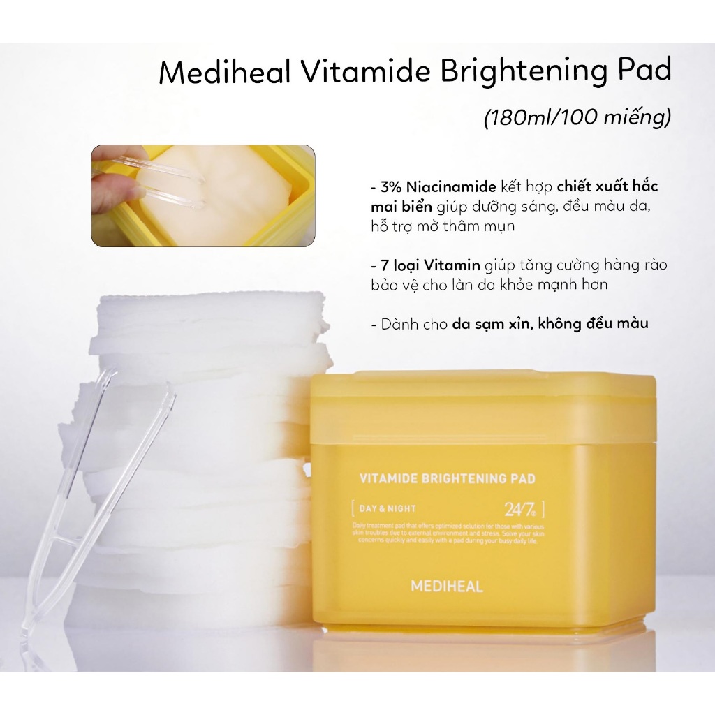 Toner Pad Mediheal Làm Sáng và Đều Màu Da Vitamide Brightening Pad 100  Miếng - Mint Cosmetics - Save The Best For You!