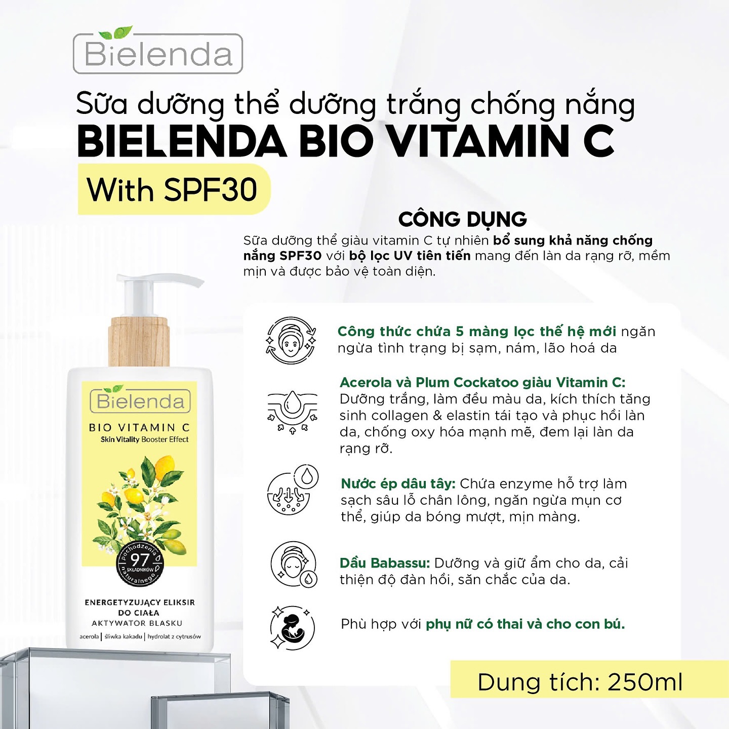 Dưỡng Thể Bielenda Bio Vitamin C Moisturing & UV Protective Body Milk SPF30 250ml Dưỡng Thể Bielenda Bio Vitamin C Moisturing & UV Protective Body Milk SPF30 250ml