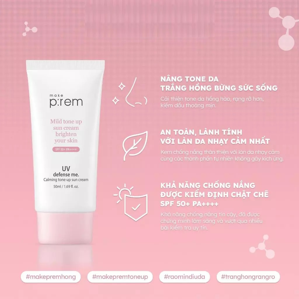 Kem Chống Nắng Vật Lý Make P:rem UV Defense Me Calming Tone Up Sun Cream SPF50+ PA++++ 50ml