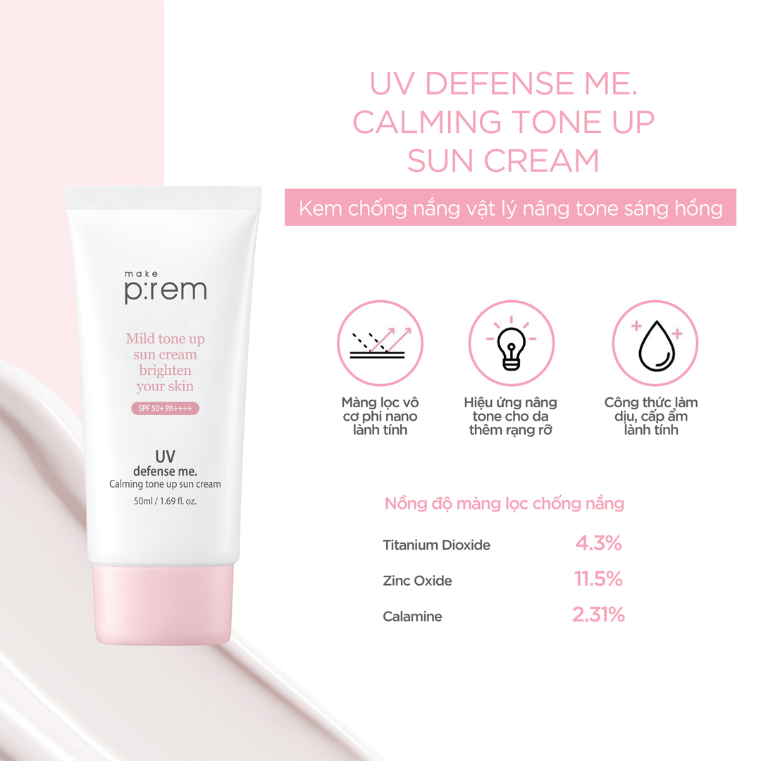 Kem Chống Nắng Vật Lý Make P:rem UV Defense Me Calming Tone Up Sun Cream SPF50+ PA++++ 50ml