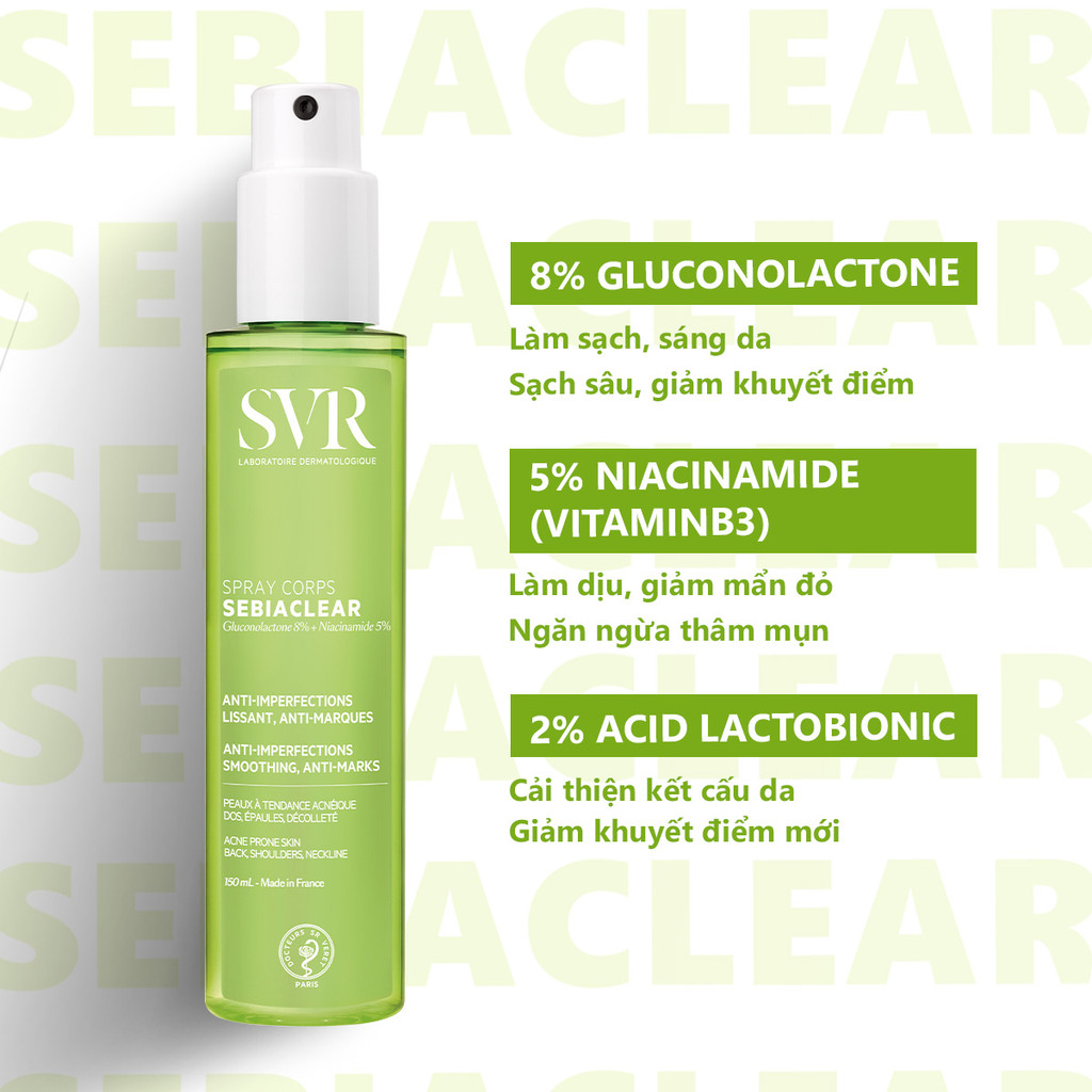 Xịt Mụn Lưng Giúp Giảm Mụn Và Mờ Thâm SVR Sebiaclear Spray Corps 150ML